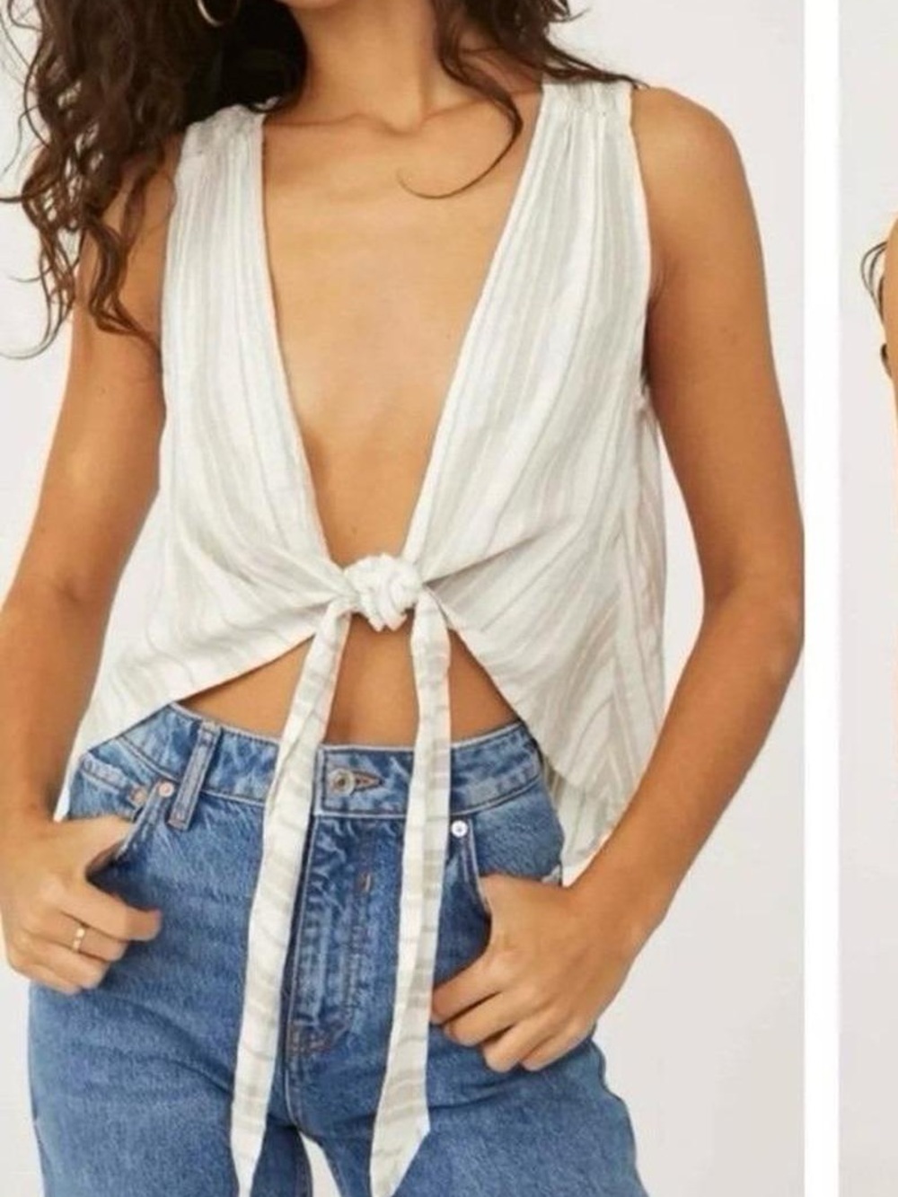 Free People Cream Striped Tie-Front Crop Top